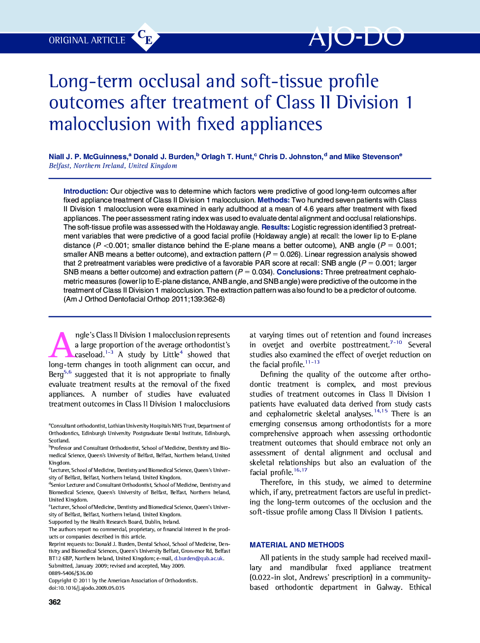 Long-term occlusal and soft-tissue profile outcomes after treatment of Class II Division 1 malocclusion with fixed appliances 