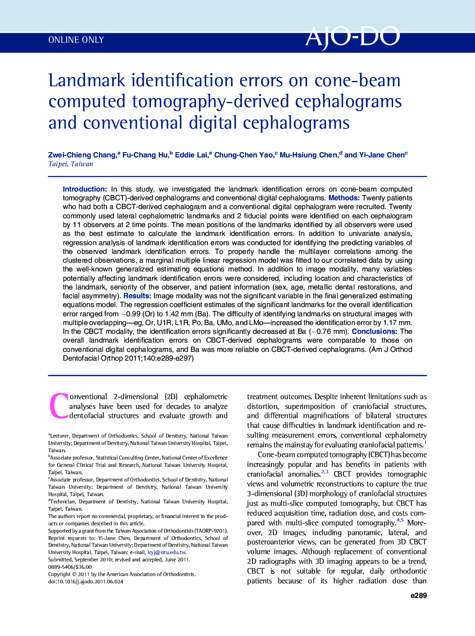 Landmark identification errors on cone-beam computed tomography-derived cephalograms and conventional digital cephalograms 