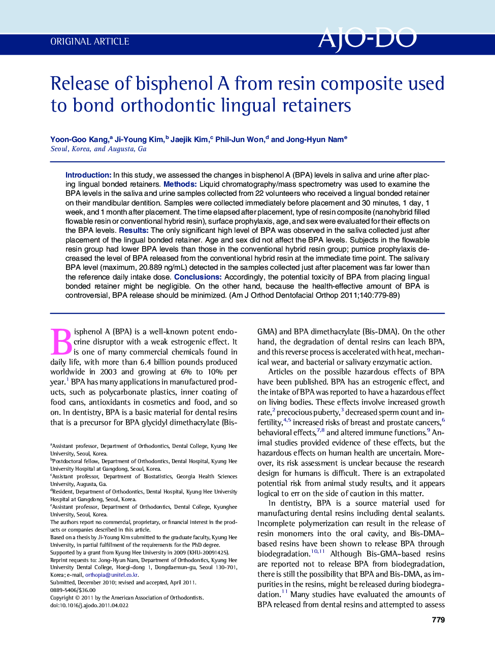 Release of bisphenol A from resin composite used to bond orthodontic lingual retainers 