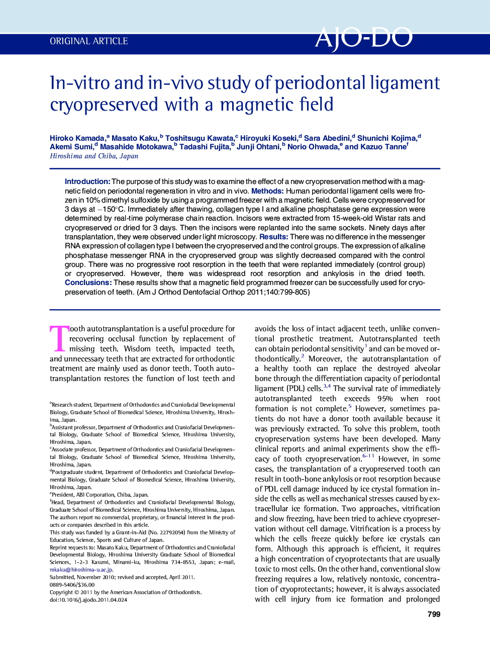 In-vitro and in-vivo study of periodontal ligament cryopreserved with a magnetic field