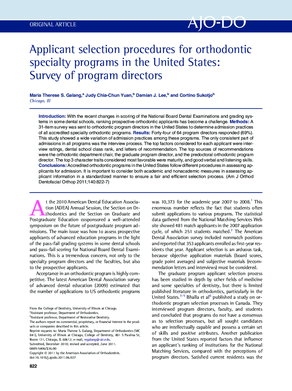 Applicant selection procedures for orthodontic specialty programs in the United States: Survey of program directors