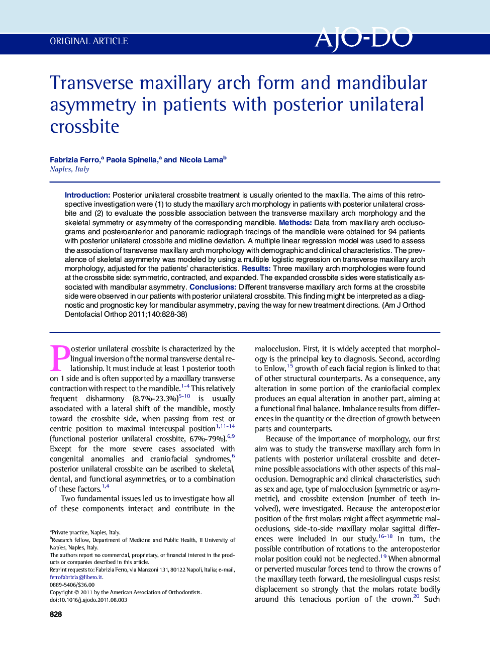Transverse maxillary arch form and mandibular asymmetry in patients with posterior unilateral crossbite 