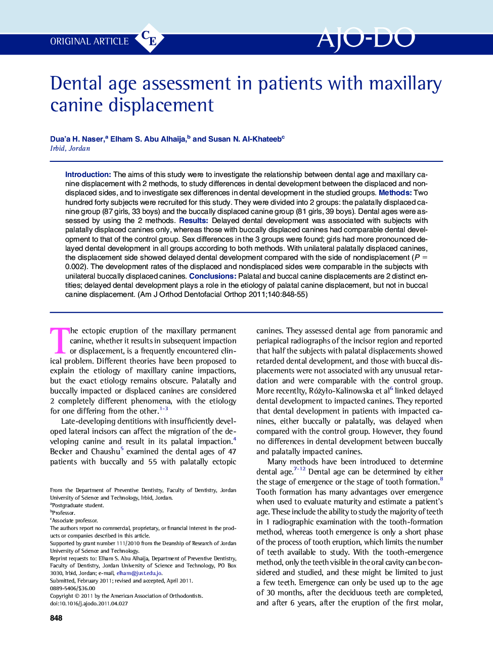 Dental age assessment in patients with maxillary canine displacement 