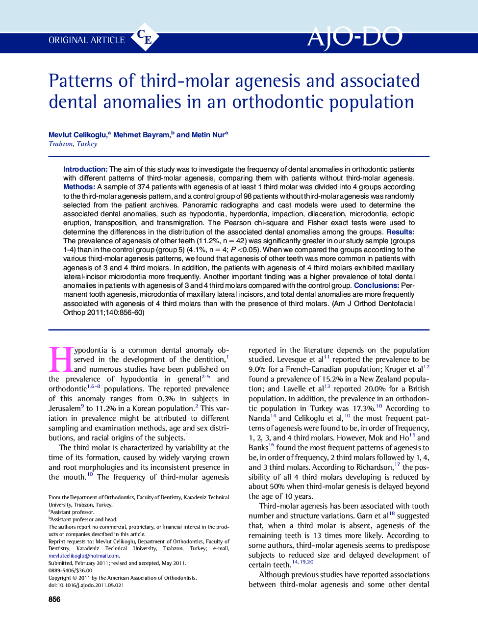 Patterns of third-molar agenesis and associated dental anomalies in an orthodontic population 