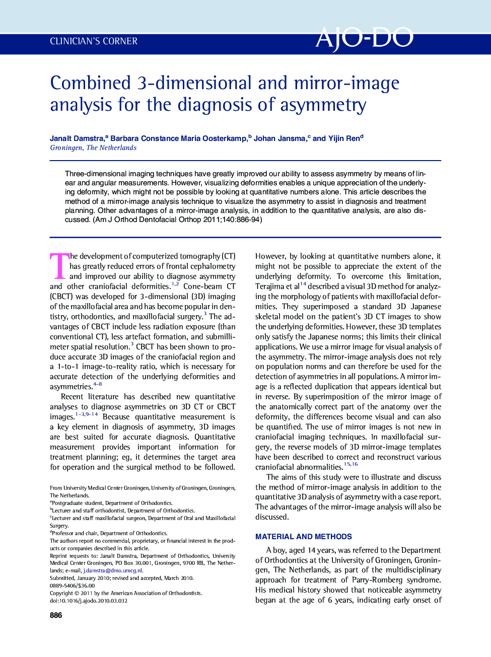 Combined 3-dimensional and mirror-image analysis for the diagnosis of asymmetry 