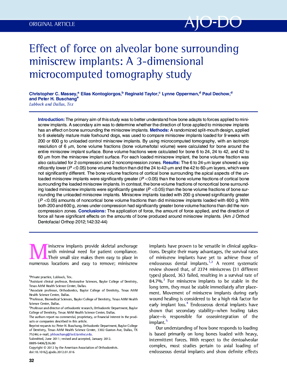 Effect of force on alveolar bone surrounding miniscrew implants: A 3-dimensional microcomputed tomography study 