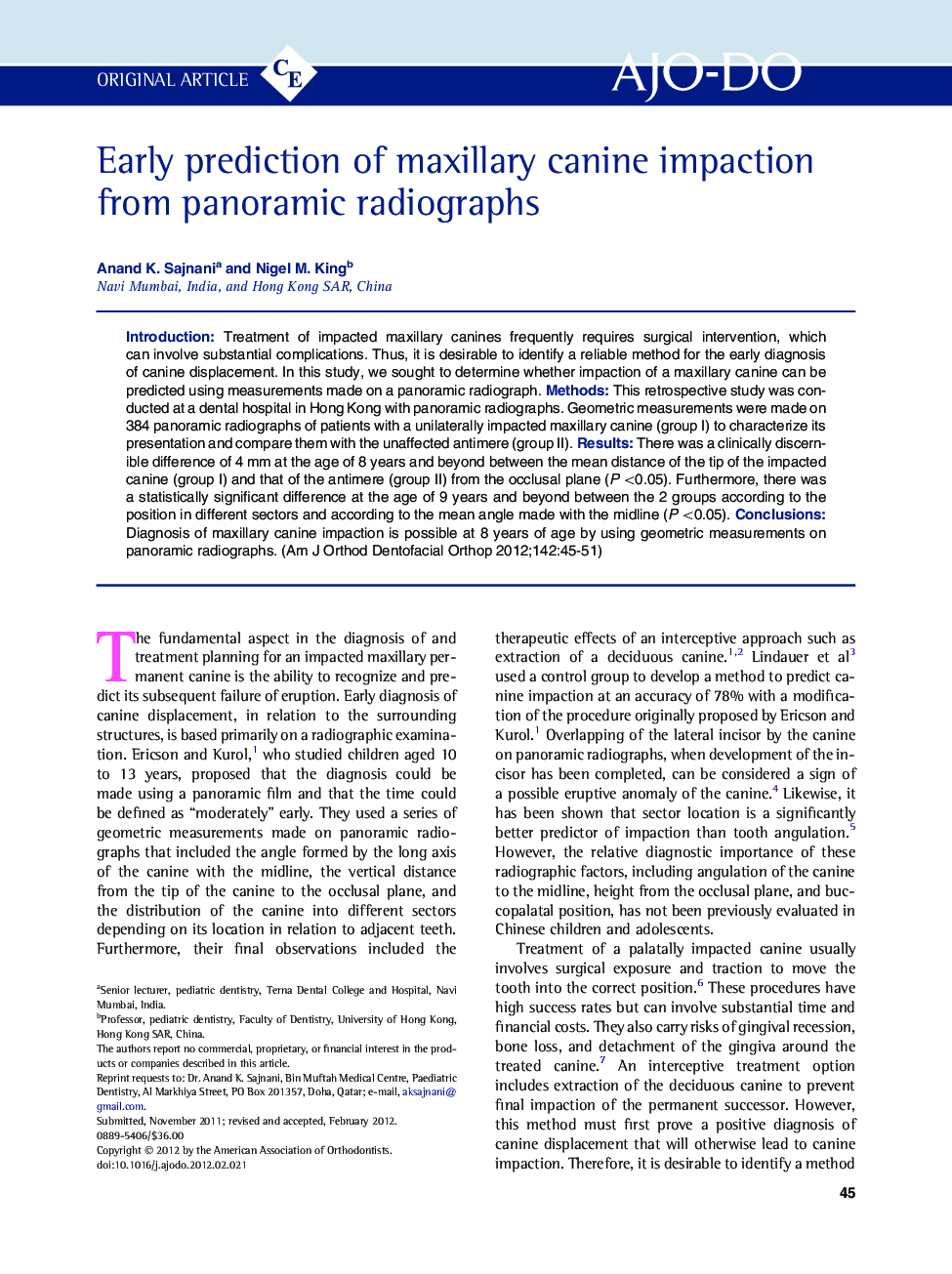 Early prediction of maxillary canine impaction from panoramic radiographs 