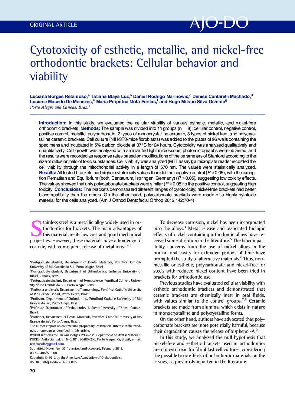 Cytotoxicity of esthetic, metallic, and nickel-free orthodontic brackets: Cellular behavior and viability 