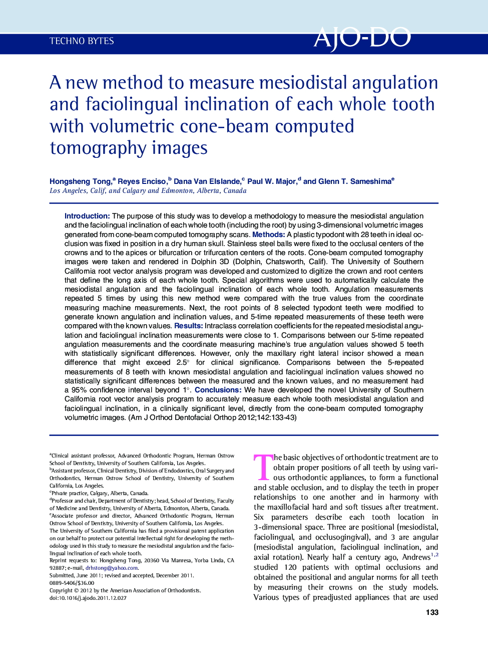 A new method to measure mesiodistal angulation and faciolingual inclination of each whole tooth with volumetric cone-beam computed tomography images 