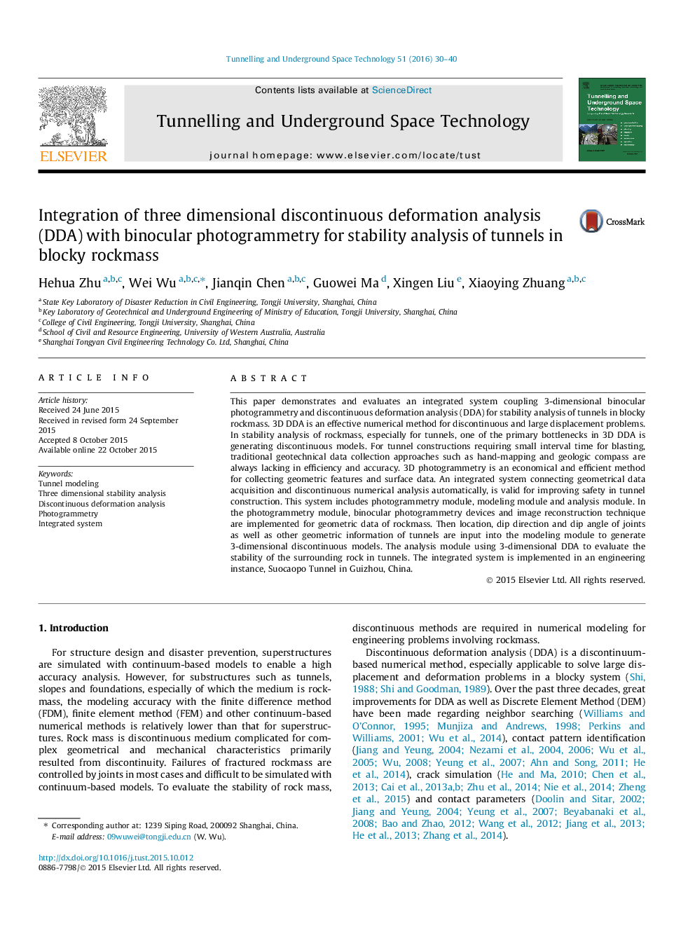 Integration of three dimensional discontinuous deformation analysis (DDA) with binocular photogrammetry for stability analysis of tunnels in blocky rockmass