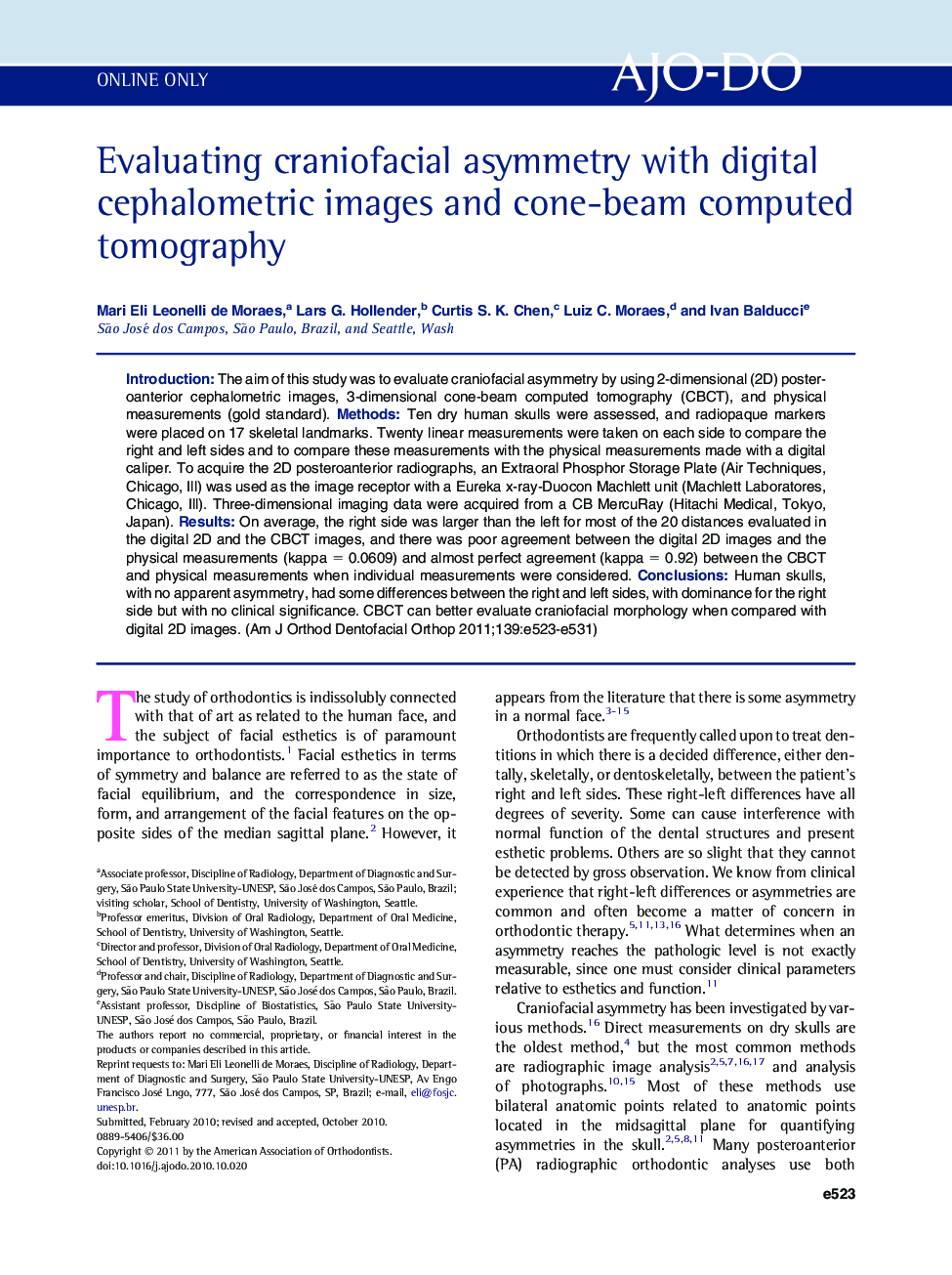 Evaluating craniofacial asymmetry with digital cephalometric images and cone-beam computed tomography 