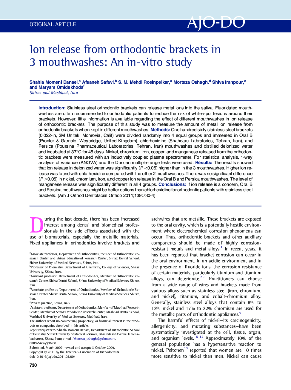Ion release from orthodontic brackets in 3 mouthwashes: An in-vitro study 