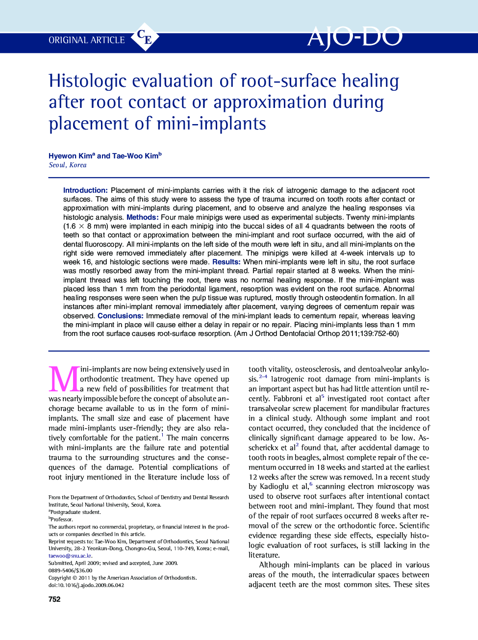 Histologic evaluation of root-surface healing after root contact or approximation during placement of mini-implants 