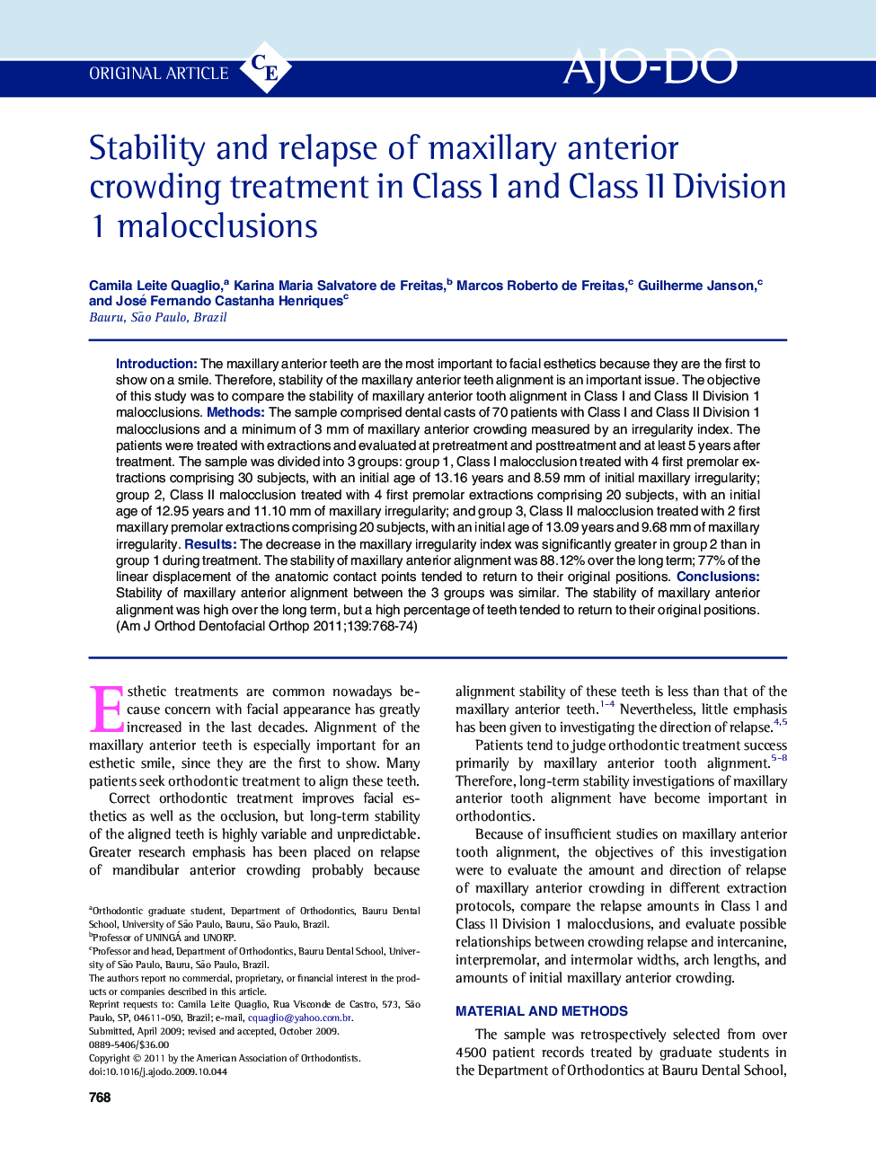 Stability and relapse of maxillary anterior crowding treatment in Class I and Class II Division 1 malocclusions 