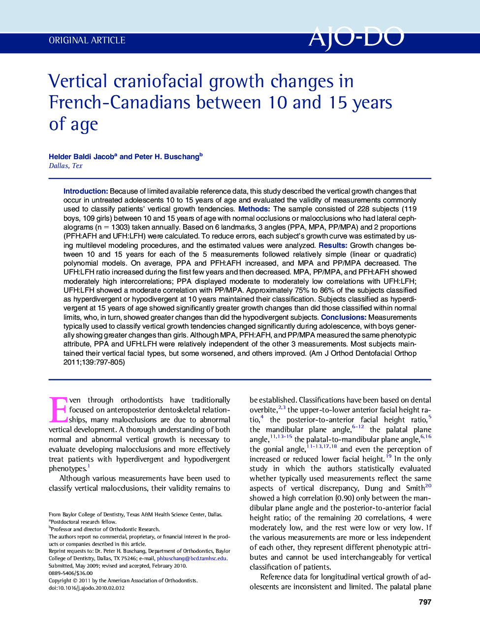 Vertical craniofacial growth changes in French-Canadians between 10 and 15 years of age 
