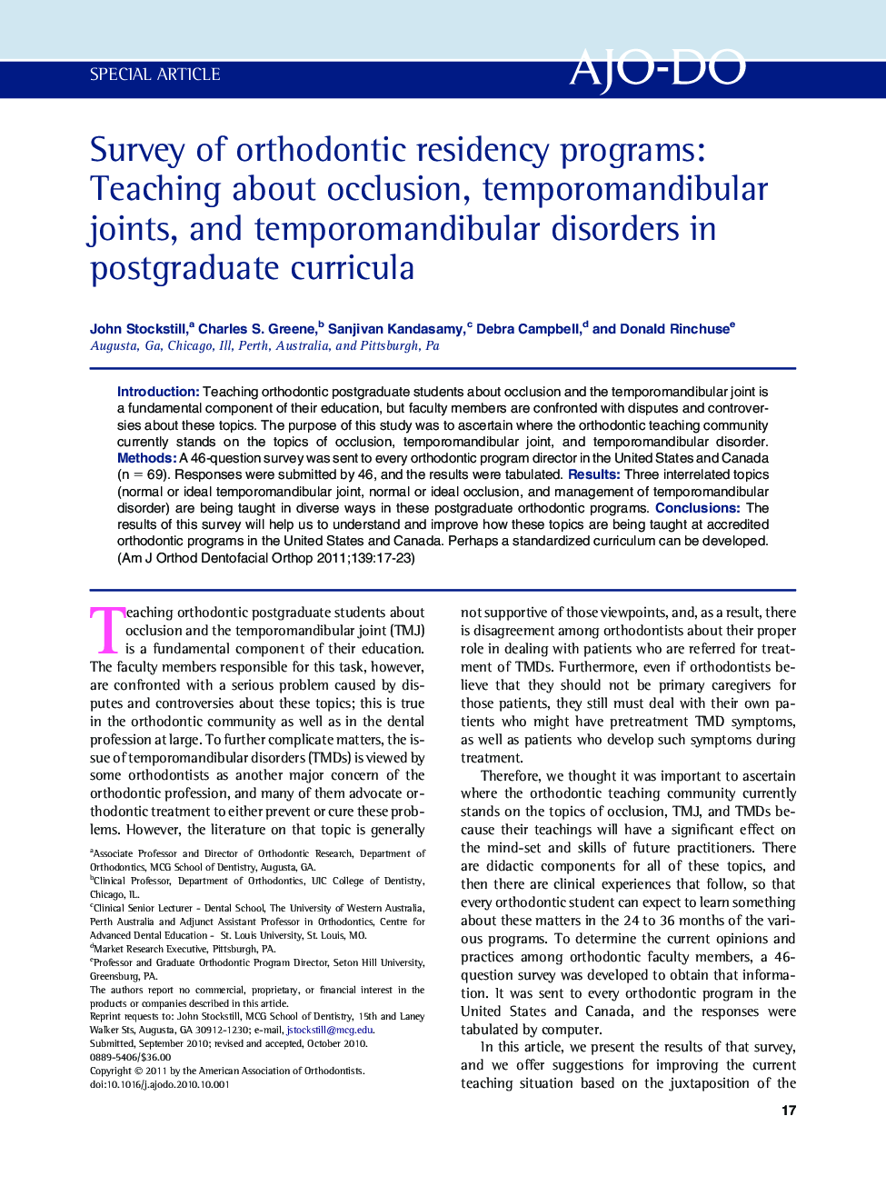 Survey of orthodontic residency programs: Teaching about occlusion, temporomandibular joints, and temporomandibular disorders in postgraduate curricula