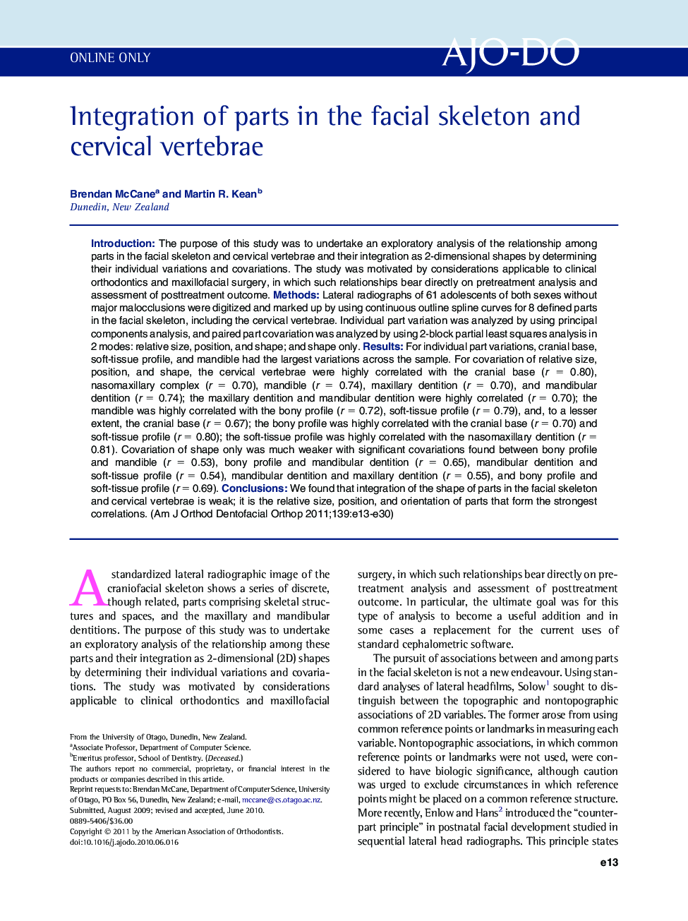 Integration of parts in the facial skeleton and cervical vertebrae 