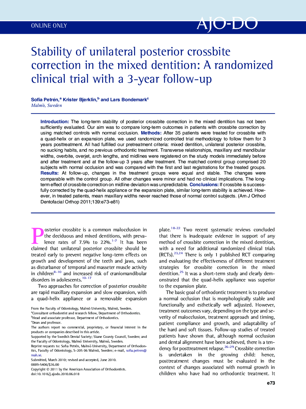 Stability of unilateral posterior crossbite correction in the mixed dentition: A randomized clinical trial with a 3-year follow-up 