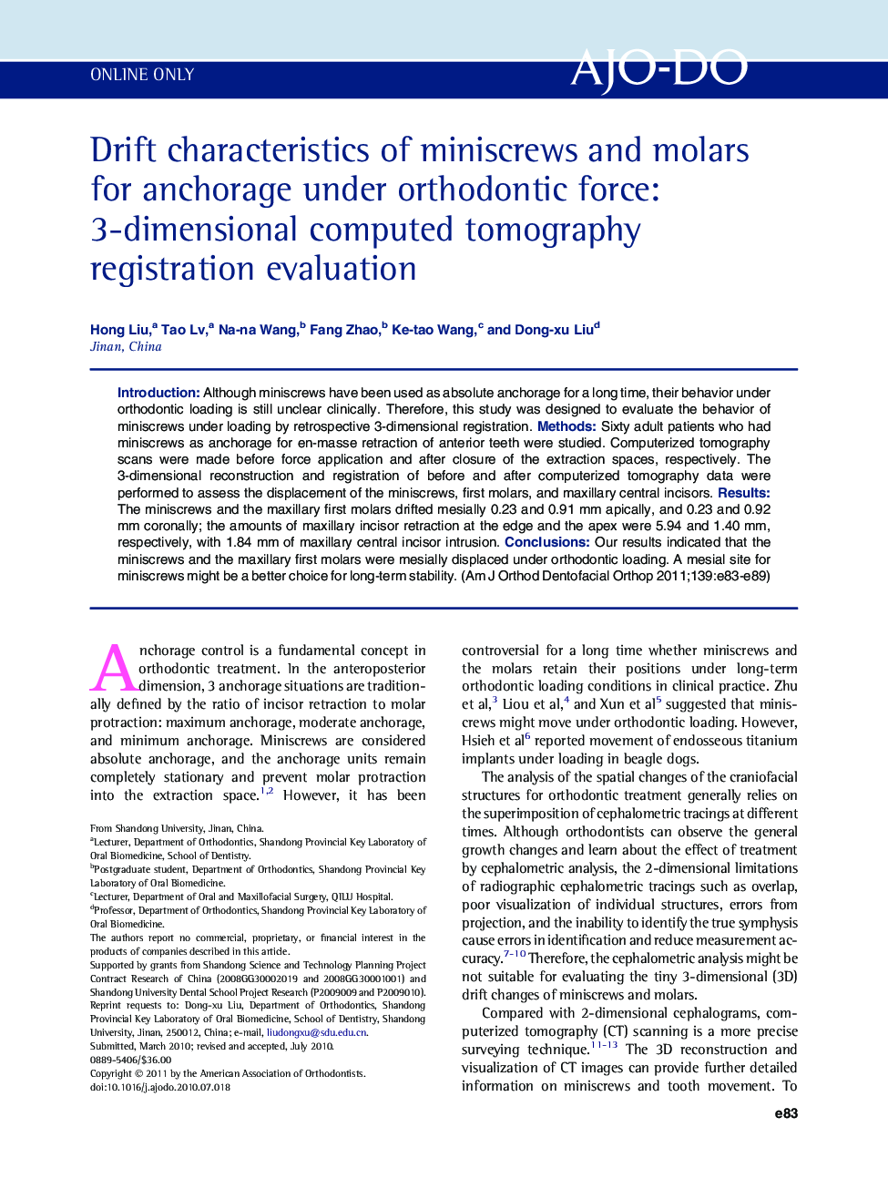 Drift characteristics of miniscrews and molars for anchorage under orthodontic force: 3-dimensional computed tomography registration evaluation 