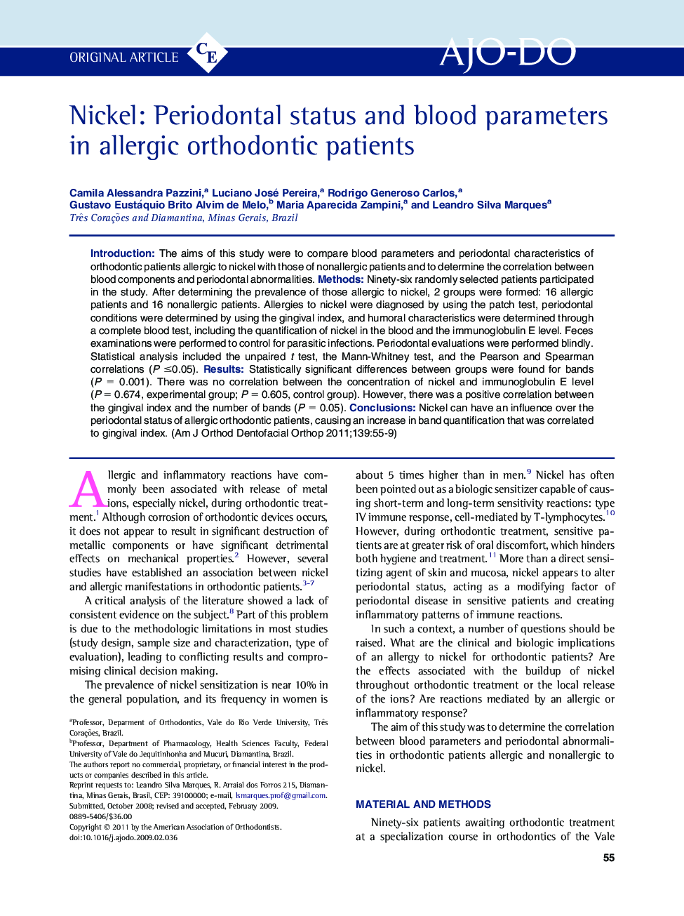 Nickel: Periodontal status and blood parameters in allergic orthodontic patients 