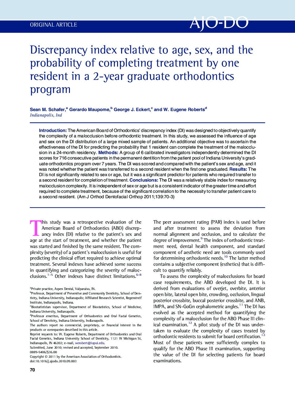 Discrepancy index relative to age, sex, and the probability of completing treatment by one resident in a 2-year graduate orthodontics program 