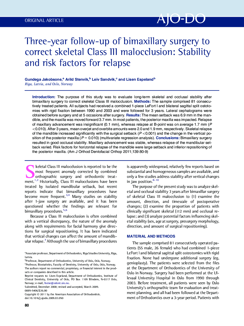 Three-year follow-up of bimaxillary surgery to correct skeletal Class III malocclusion: Stability and risk factors for relapse 