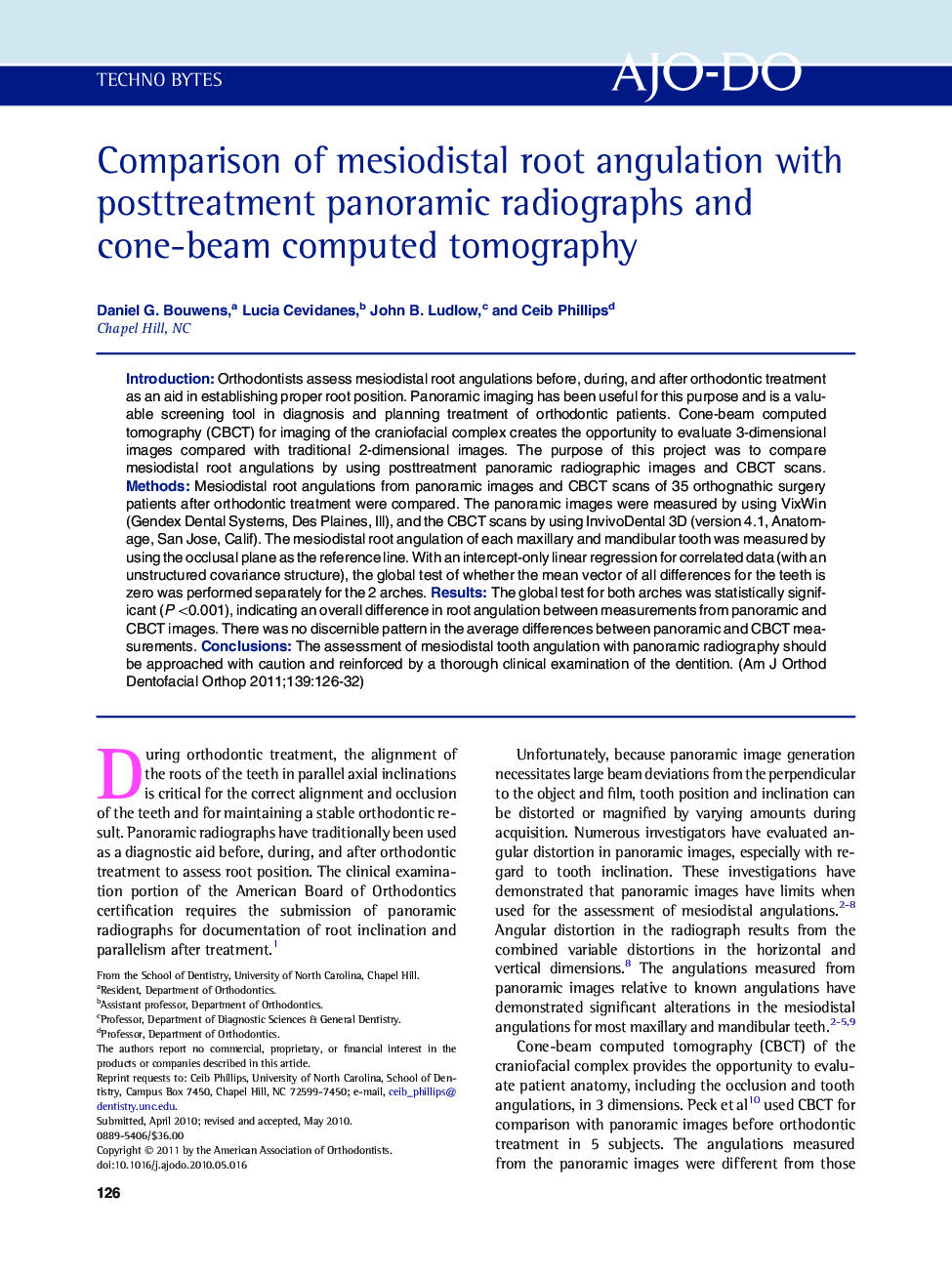 Comparison of mesiodistal root angulation with posttreatment panoramic radiographs and cone-beam computed tomography 