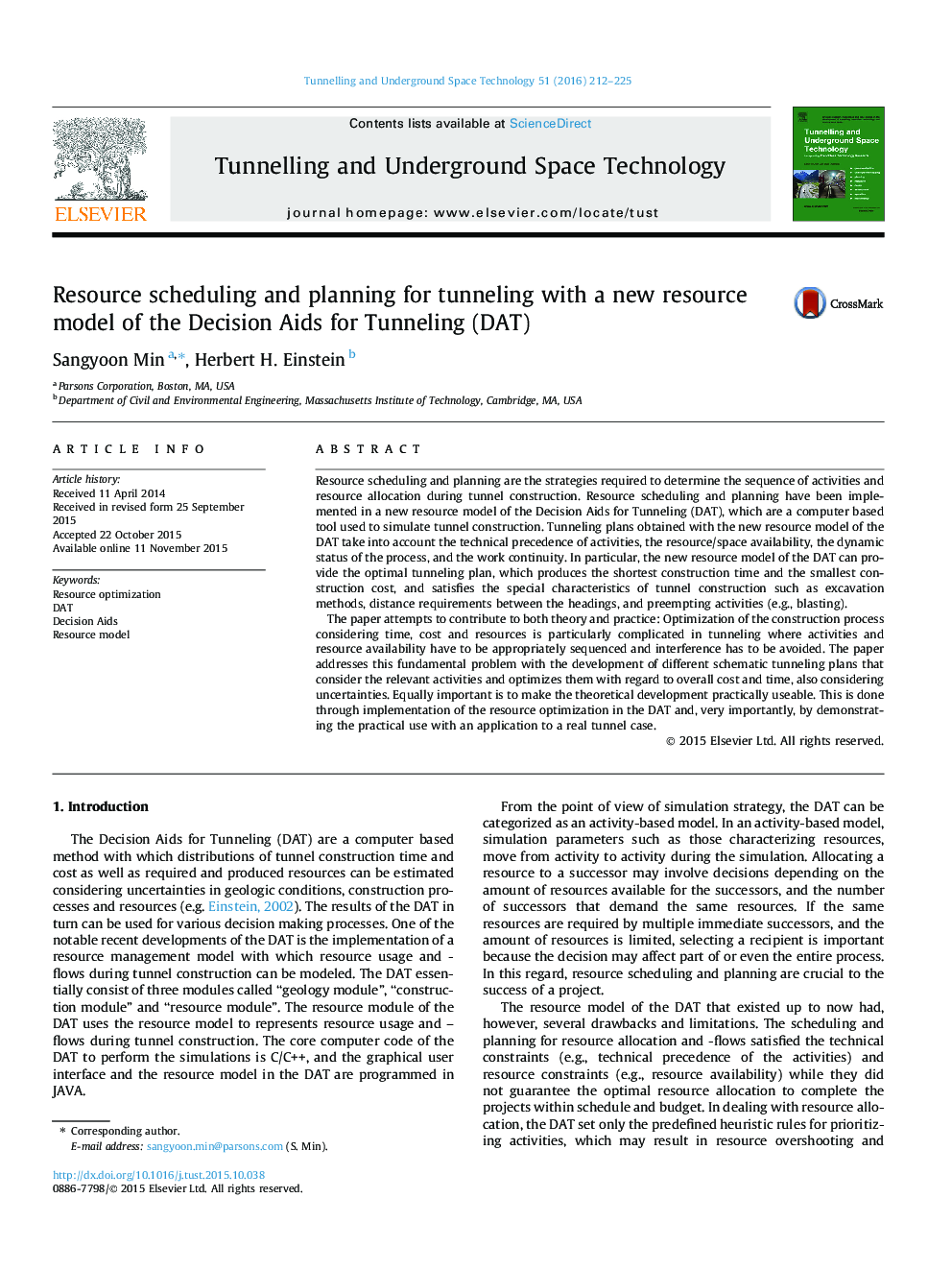 Resource scheduling and planning for tunneling with a new resource model of the Decision Aids for Tunneling (DAT)