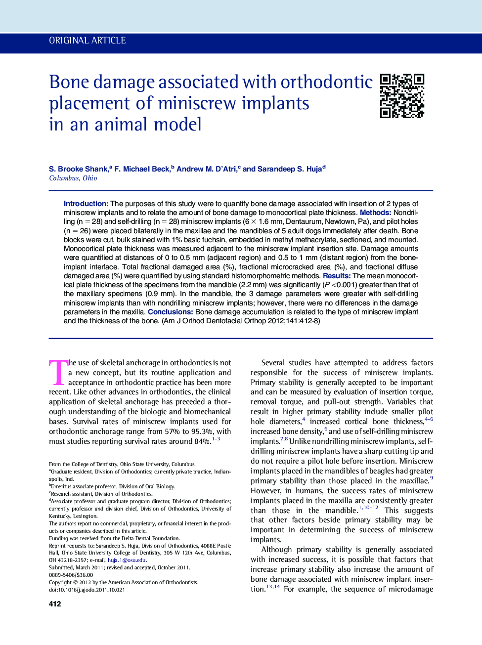 Bone damage associated with orthodontic placement of miniscrew implants in an animal model 