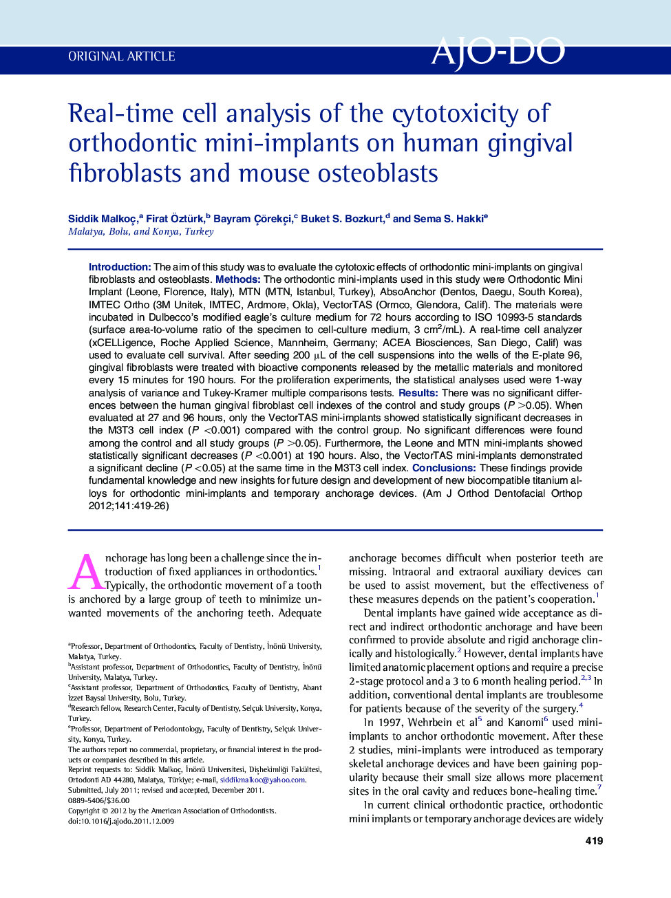 Real-time cell analysis of the cytotoxicity of orthodontic mini-implants on human gingival fibroblasts and mouse osteoblasts 