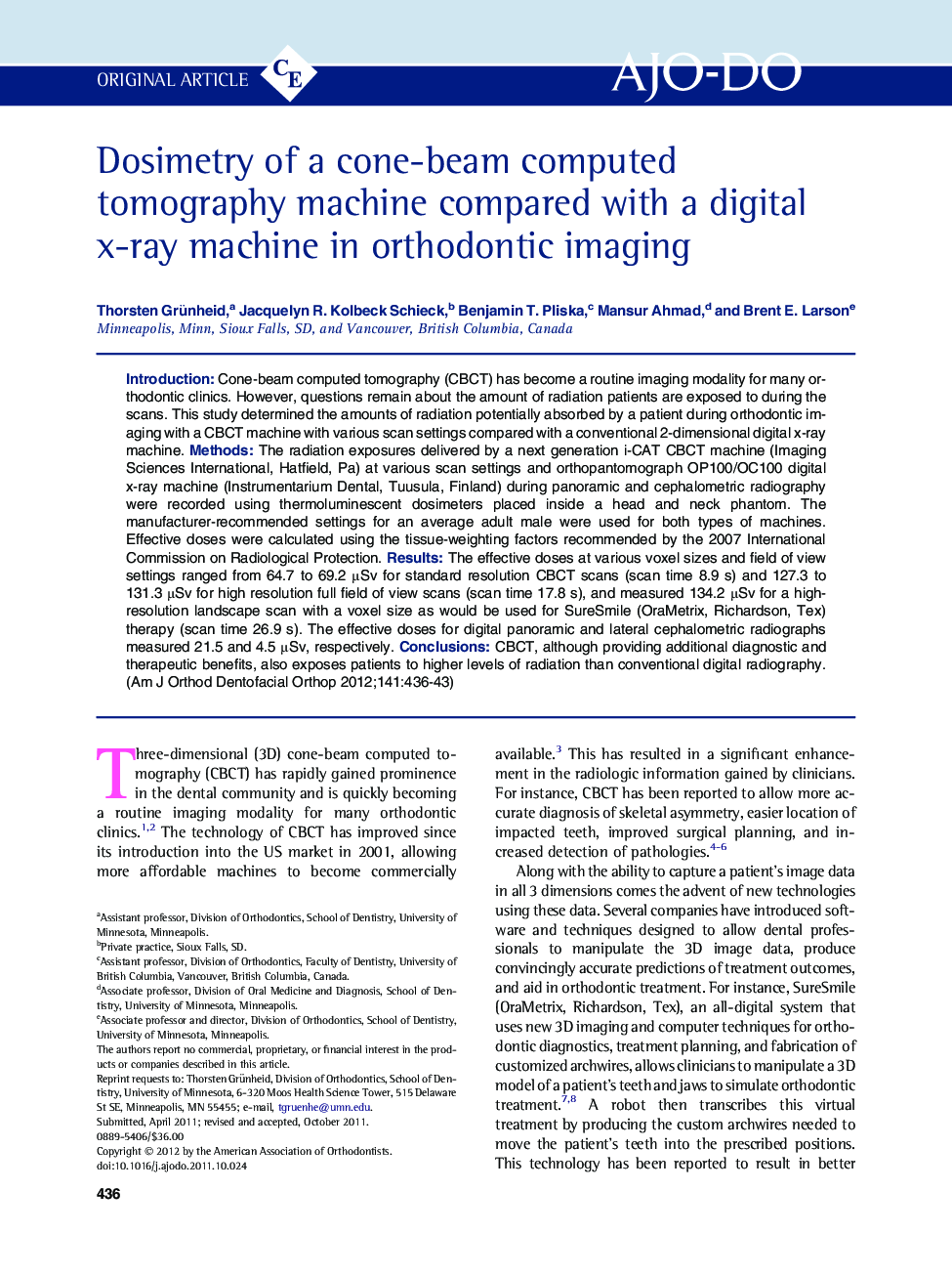 Dosimetry of a cone-beam computed tomography machine compared with a digital x-ray machine in orthodontic imaging 