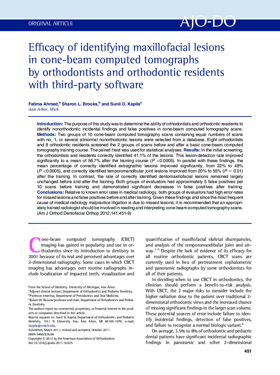 Efficacy of identifying maxillofacial lesions in cone-beam computed tomographs by orthodontists and orthodontic residents with third-party software 