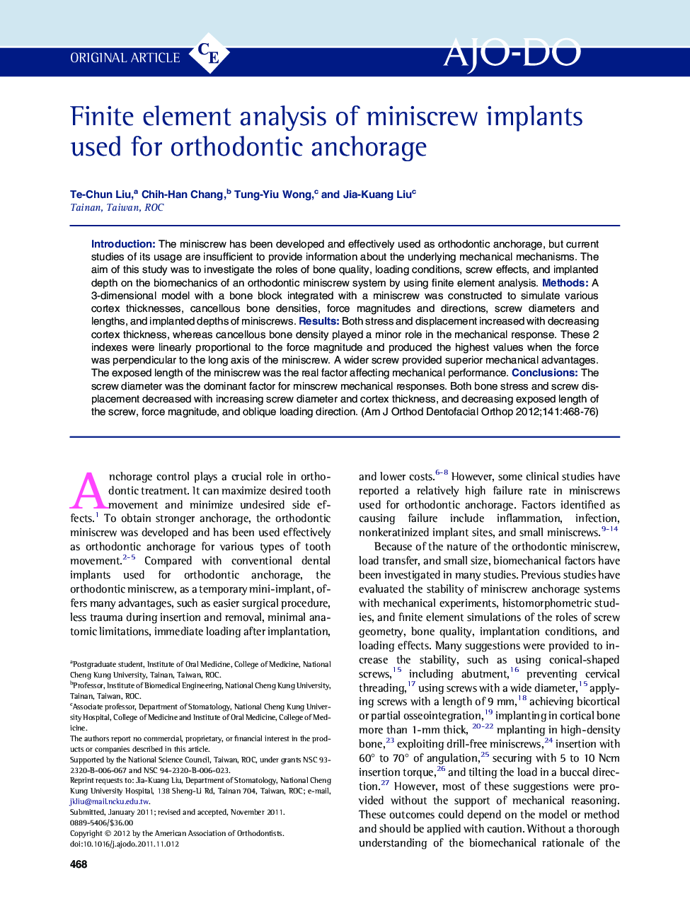 Finite element analysis of miniscrew implants used for orthodontic anchorage 
