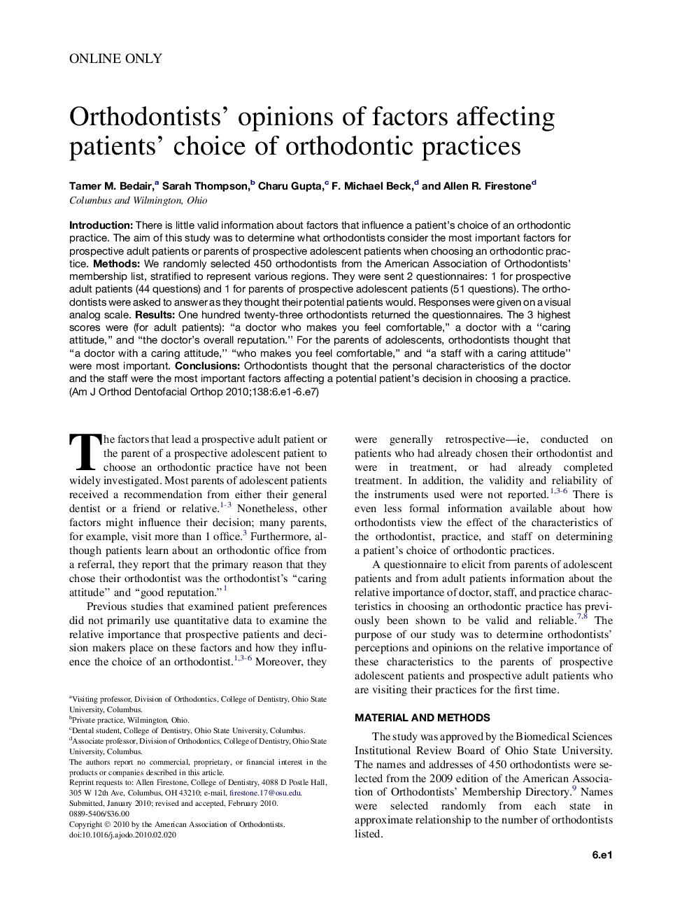 Orthodontists' opinions of factors affecting patients' choice of orthodontic practices