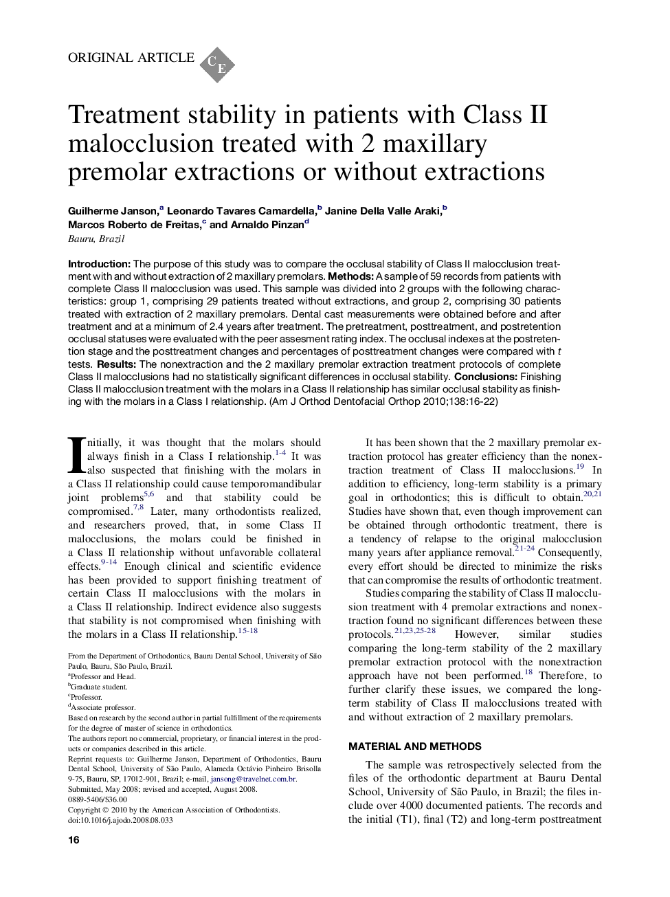 Treatment stability in patients with Class II malocclusion treated with 2 maxillary premolar extractions or without extractions 