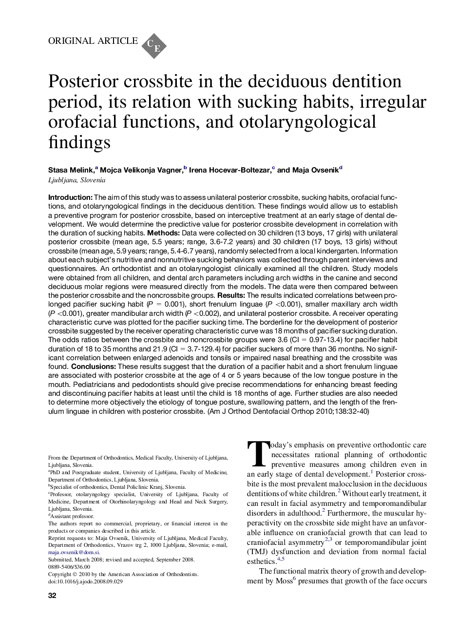 Posterior crossbite in the deciduous dentition period, its relation with sucking habits, irregular orofacial functions, and otolaryngological findings 