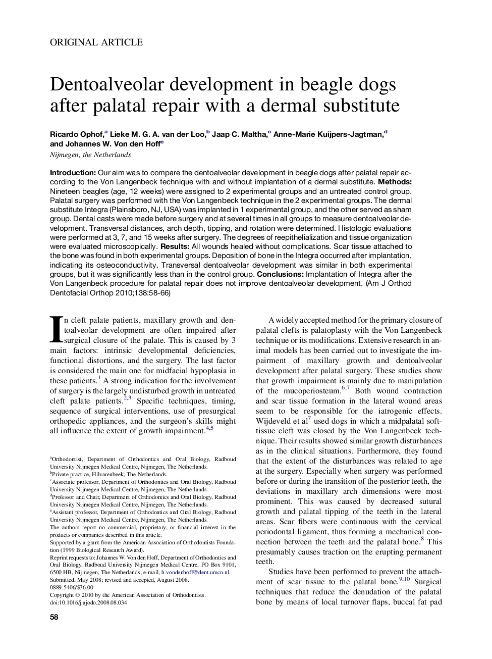 Dentoalveolar development in beagle dogs after palatal repair with a dermal substitute 