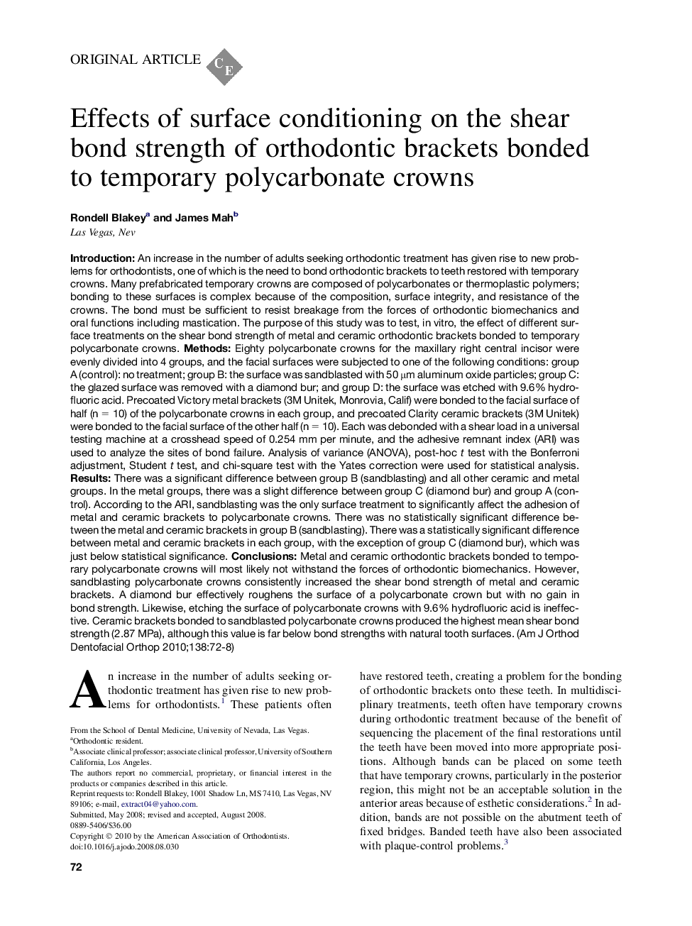 Effects of surface conditioning on the shear bond strength of orthodontic brackets bonded to temporary polycarbonate crowns 