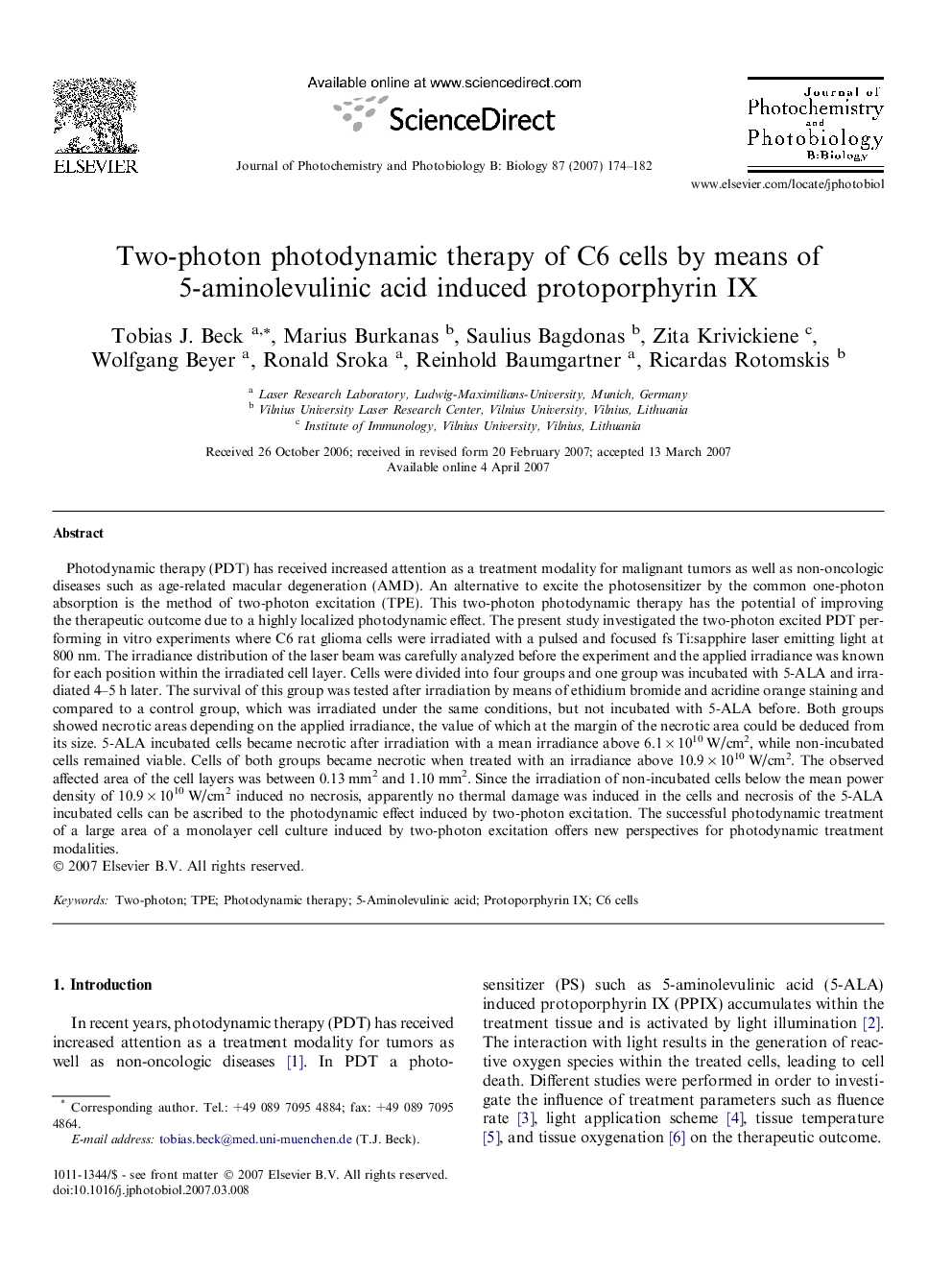 Two-photon photodynamic therapy of C6 cells by means of 5-aminolevulinic acid induced protoporphyrin IX