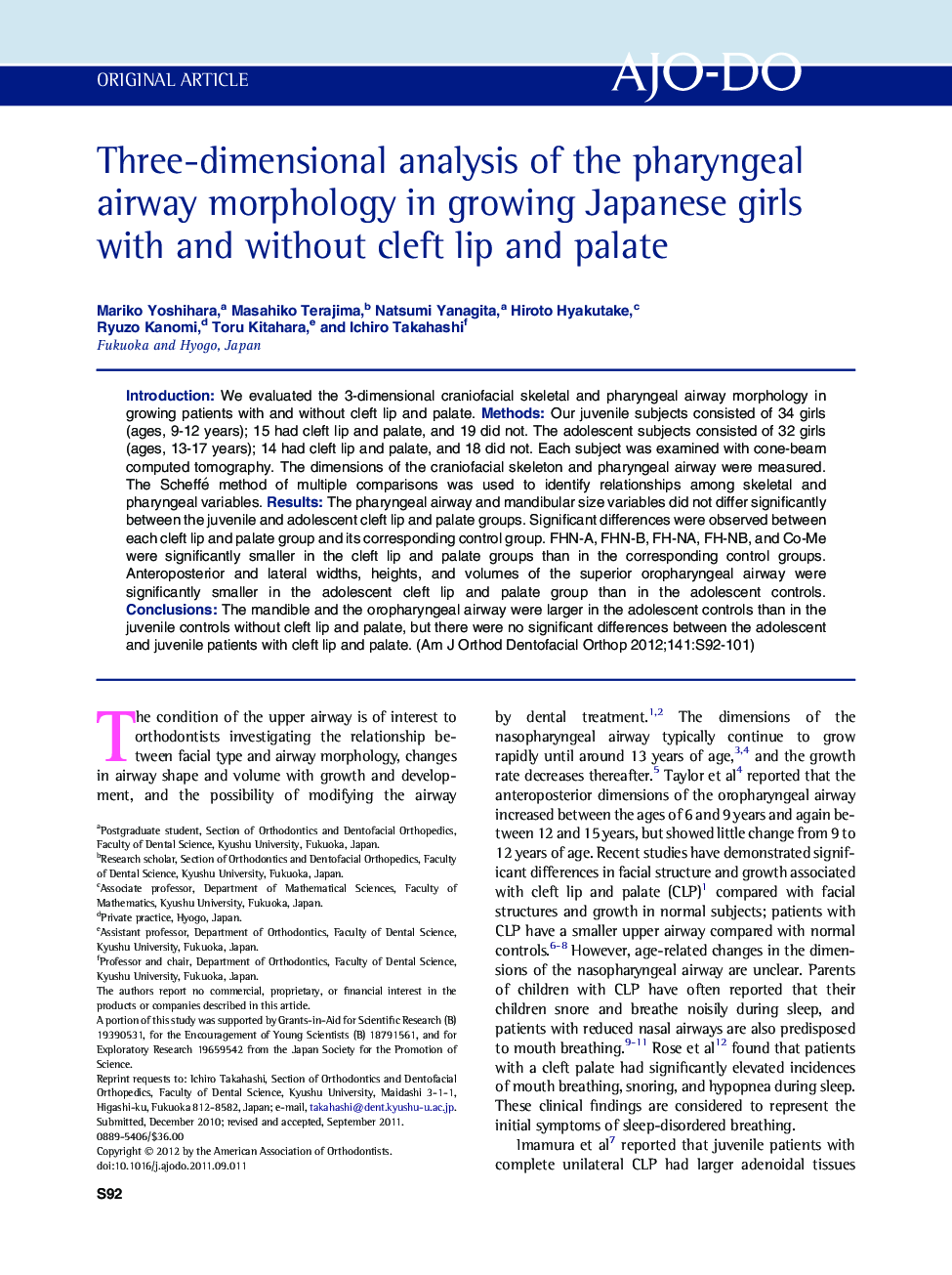 Three-dimensional analysis of the pharyngeal airway morphology in growing Japanese girls with and without cleft lip and palate 