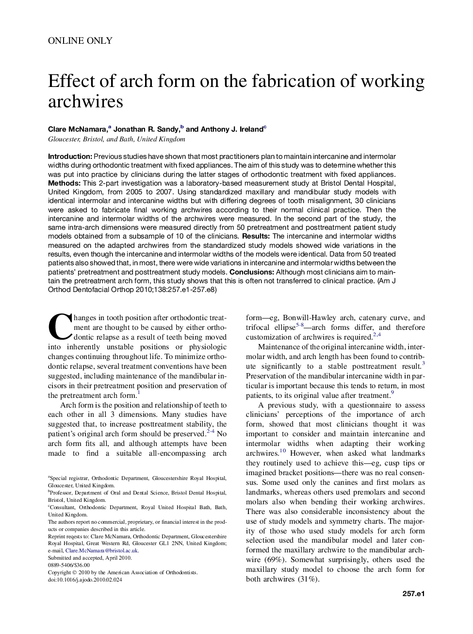 Effect of arch form on the fabrication of working archwires