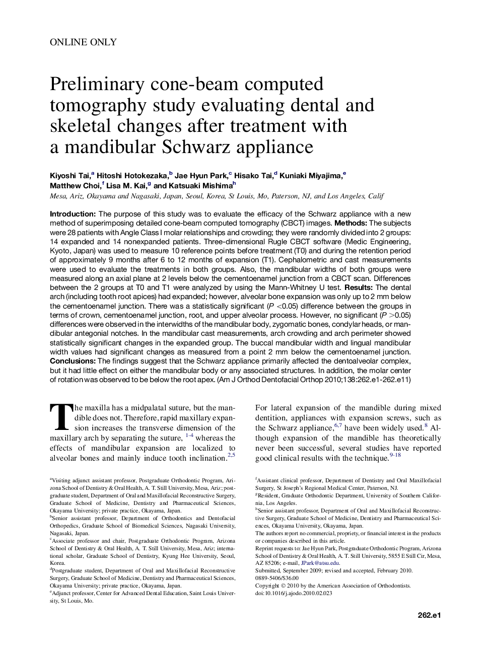 Preliminary cone-beam computed tomography study evaluating dental and skeletal changes after treatment with a mandibular Schwarz appliance