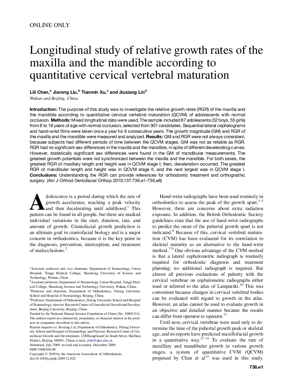 Longitudinal study of relative growth rates of the maxilla and the mandible according to quantitative cervical vertebral maturation