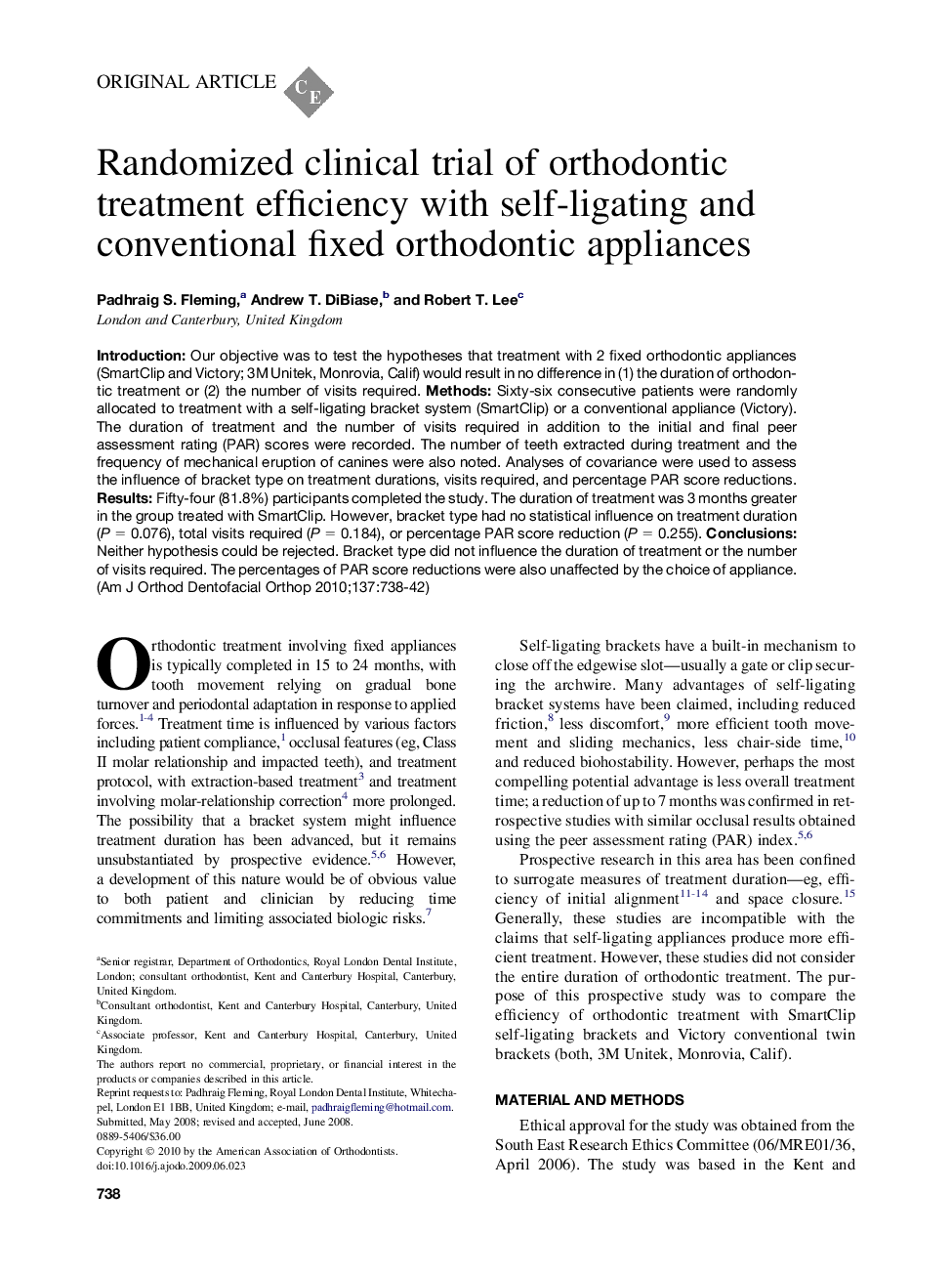 Randomized clinical trial of orthodontic treatment efficiency with self-ligating and conventional fixed orthodontic appliances 