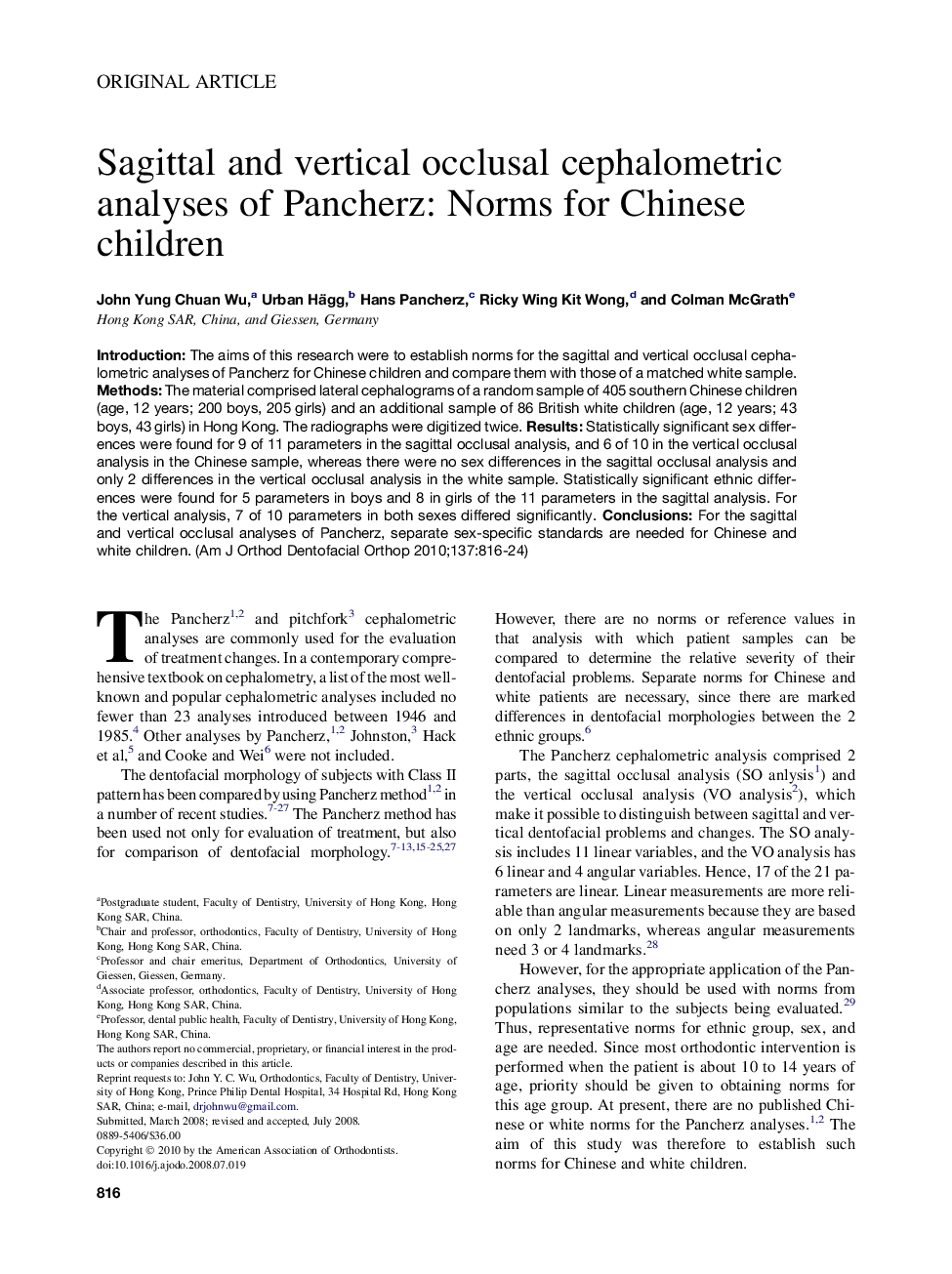 Sagittal and vertical occlusal cephalometric analyses of Pancherz: Norms for Chinese children 