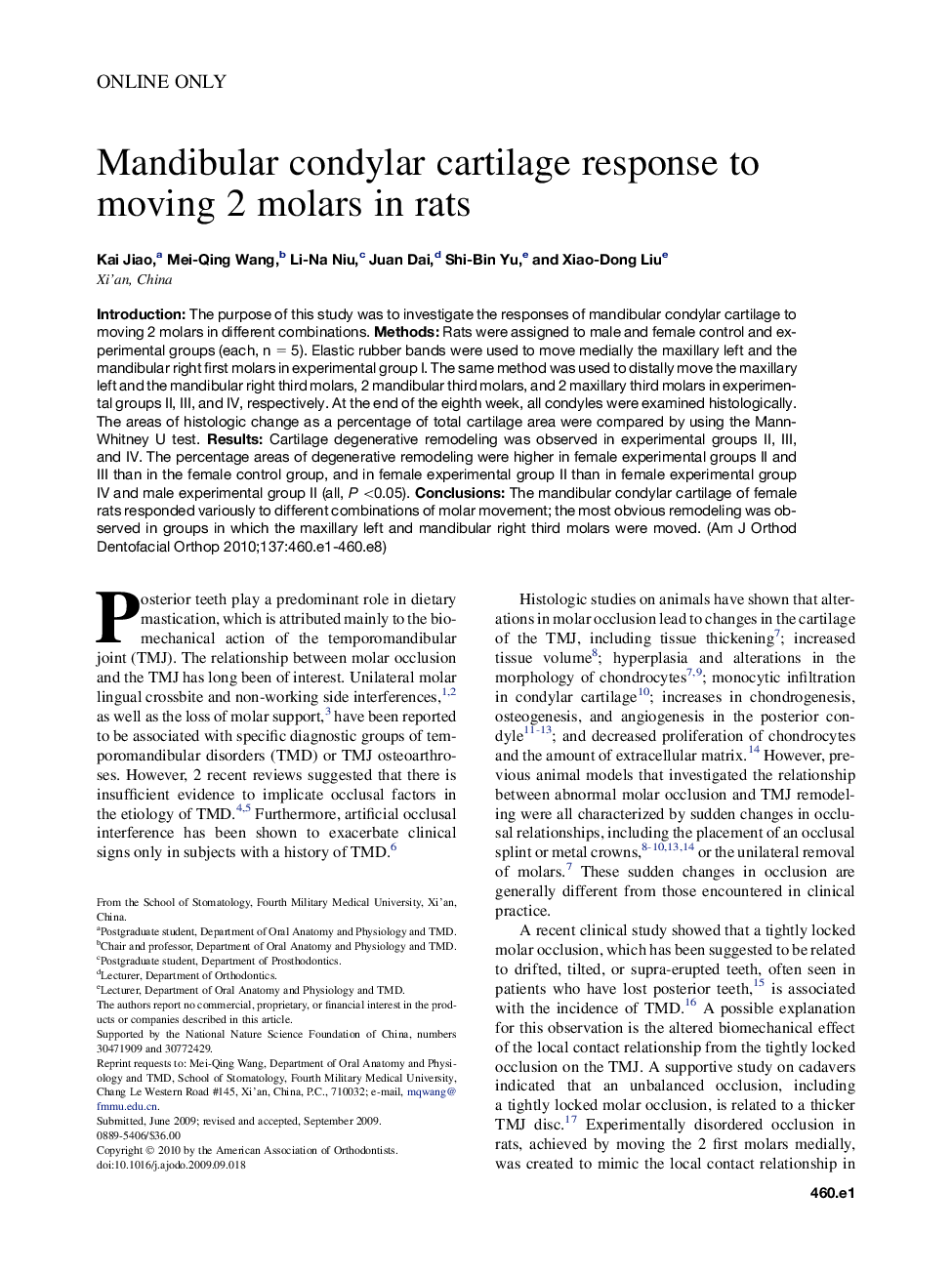 Mandibular condylar cartilage response to moving 2 molars in rats