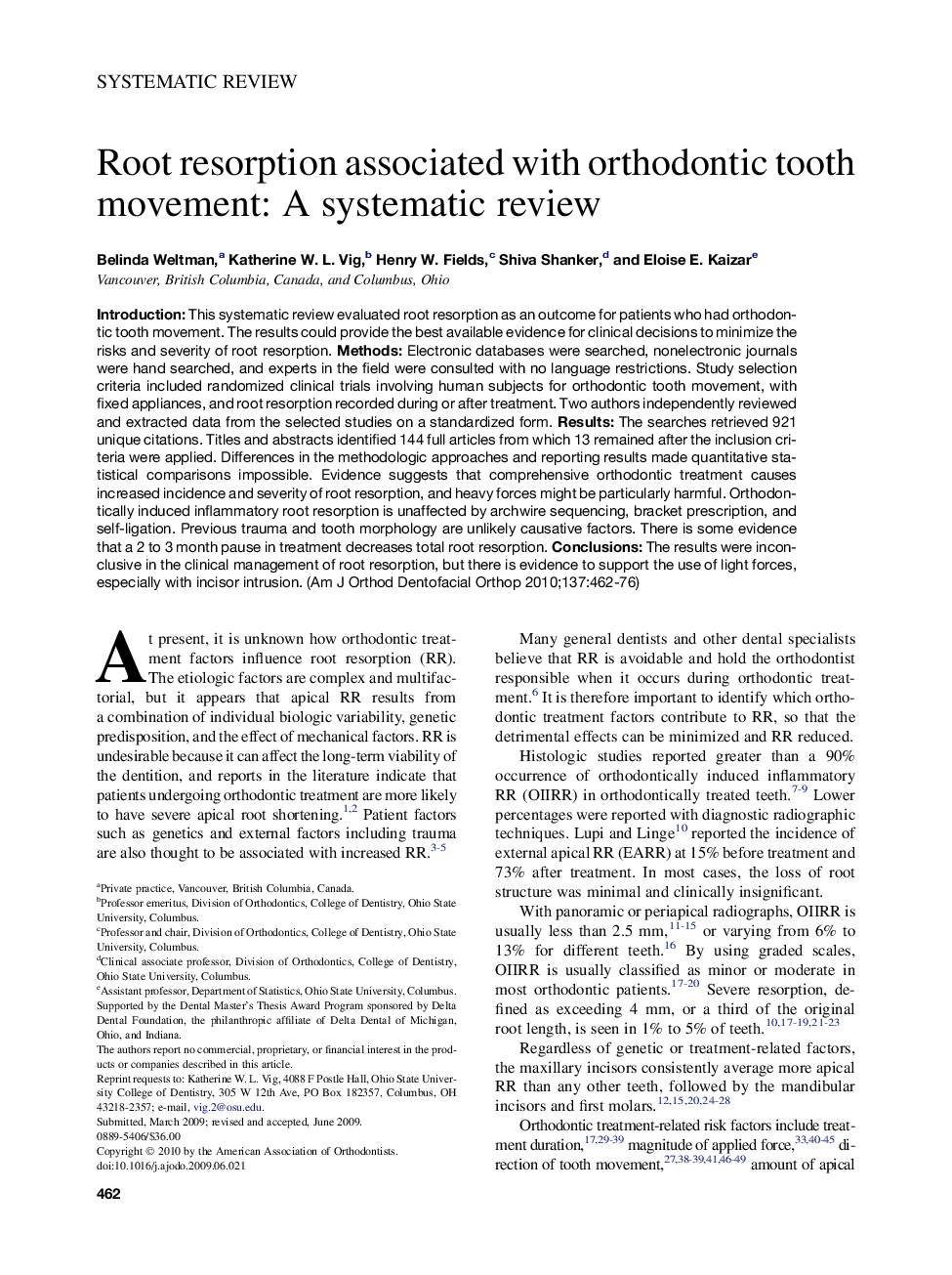 Root resorption associated with orthodontic tooth movement: A systematic review 