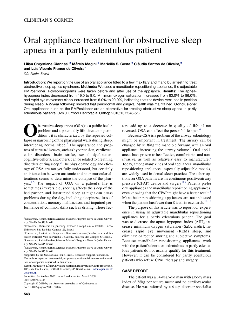 Oral appliance treatment for obstructive sleep apnea in a partly edentulous patient 