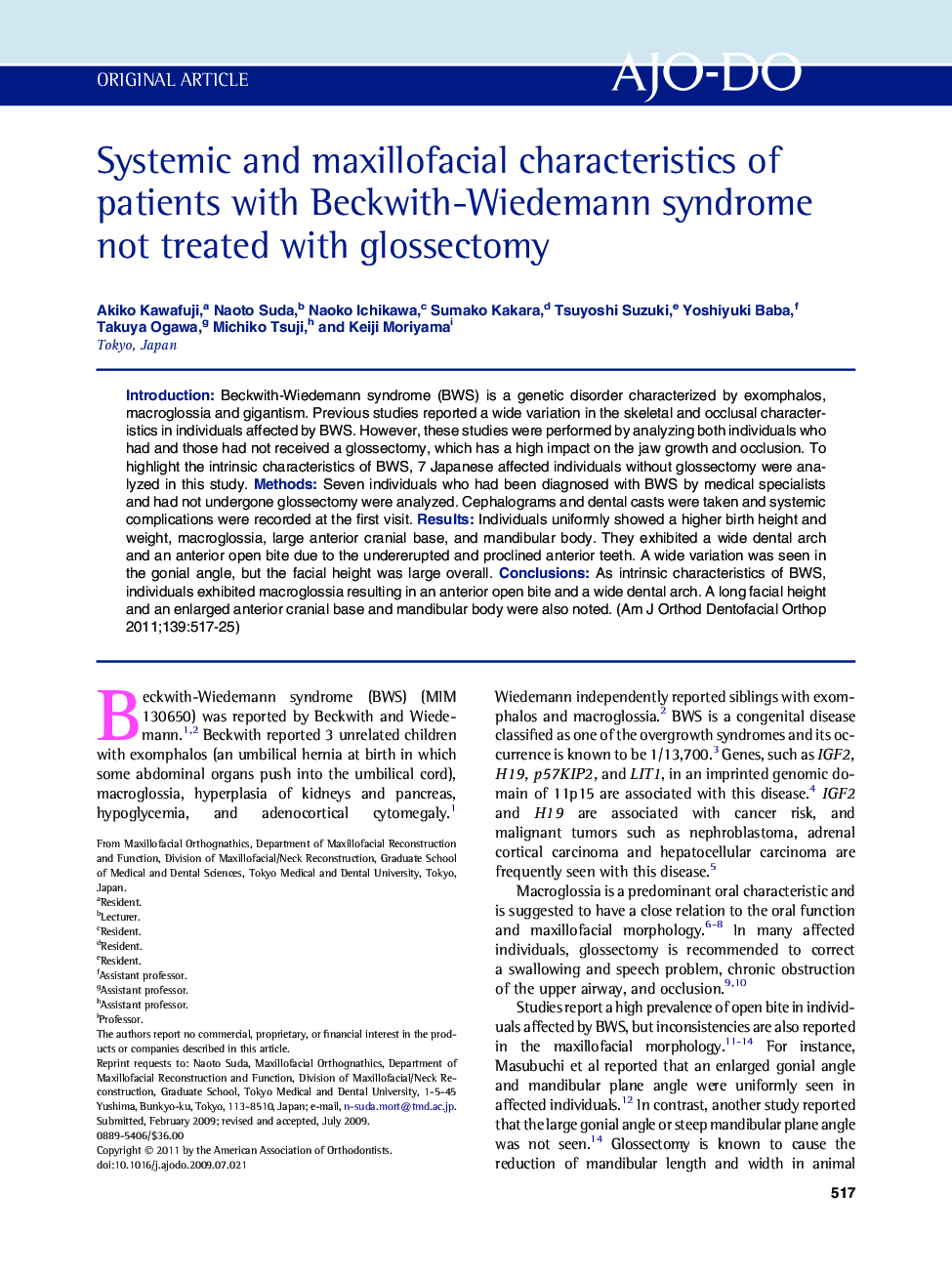 Systemic and maxillofacial characteristics of patients with Beckwith-Wiedemann syndrome not treated with glossectomy 