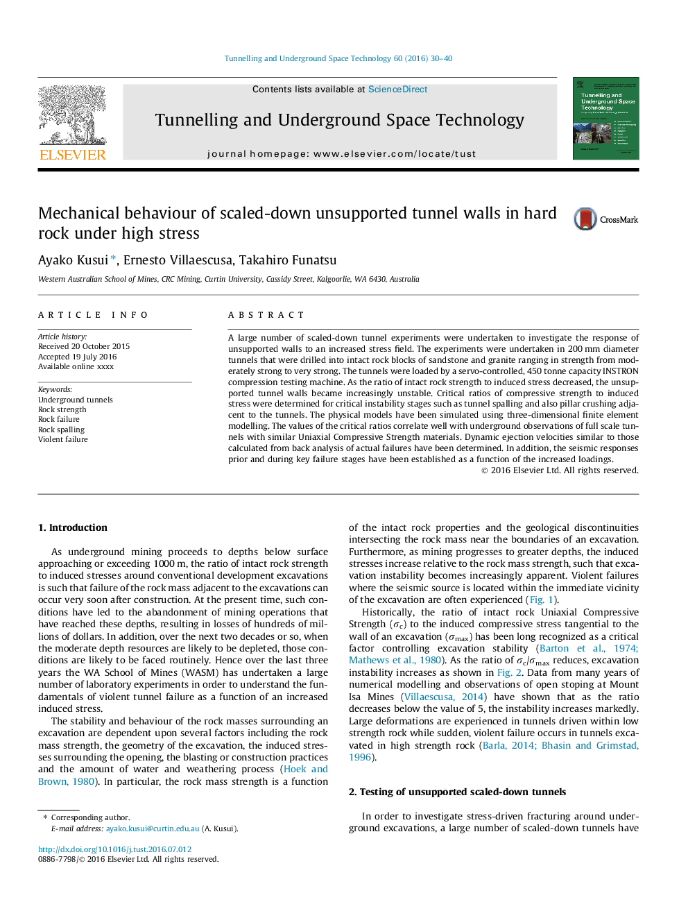 Mechanical behaviour of scaled-down unsupported tunnel walls in hard rock under high stress